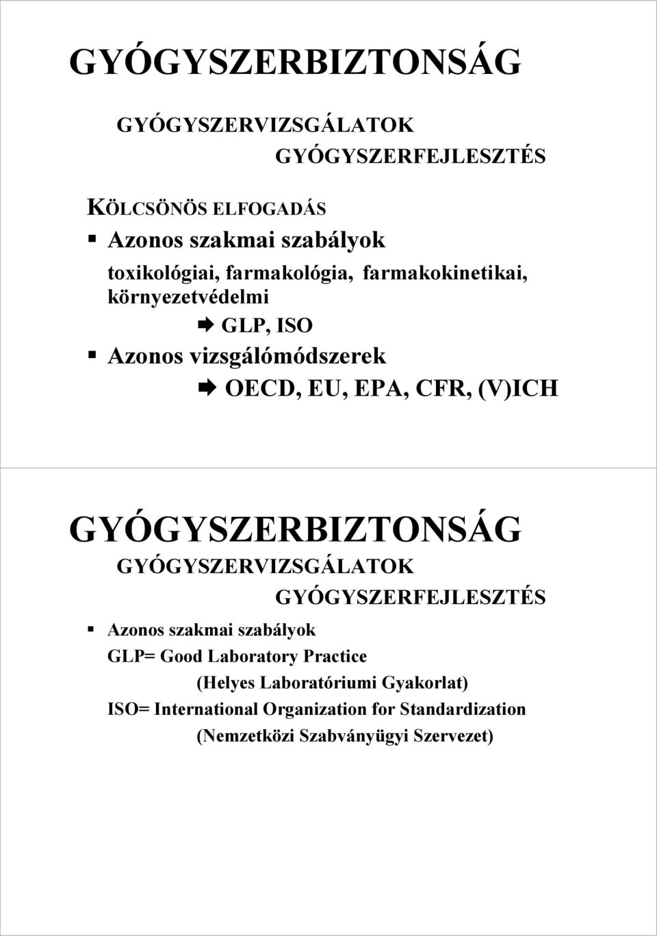 CFR, (V)ICH GYÓGYSZERBIZTONSÁG GYÓGYSZERVIZSGÁLATOK Azonos szakmai szabályok GLP= Good Laboratory Practice