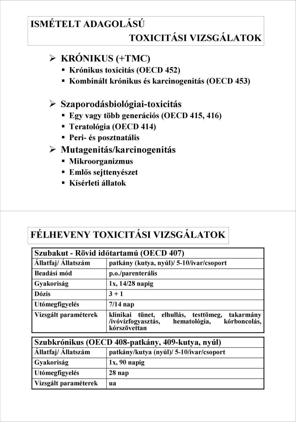 (OECD 407) Állatfaj/ Állatszám Beadási mód Dózis Utómegfigyelés patkány (kutya, nyúl)/ 5-10/ivar/csop