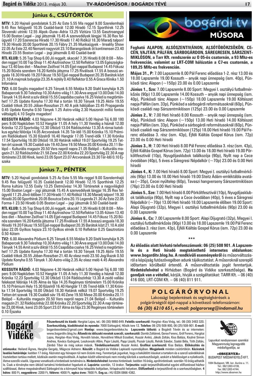 30 Rex felügyelõ 17.20 Szerencse Híradó 17.30 Híradó 17.40 Ridikül 18.30 Maradj talpon! 19.30 Híradó 20.00 Sporthírek 20.15 Fábry 21.35 Munkaügyek Irreality Show 22.05 Az Este 22.