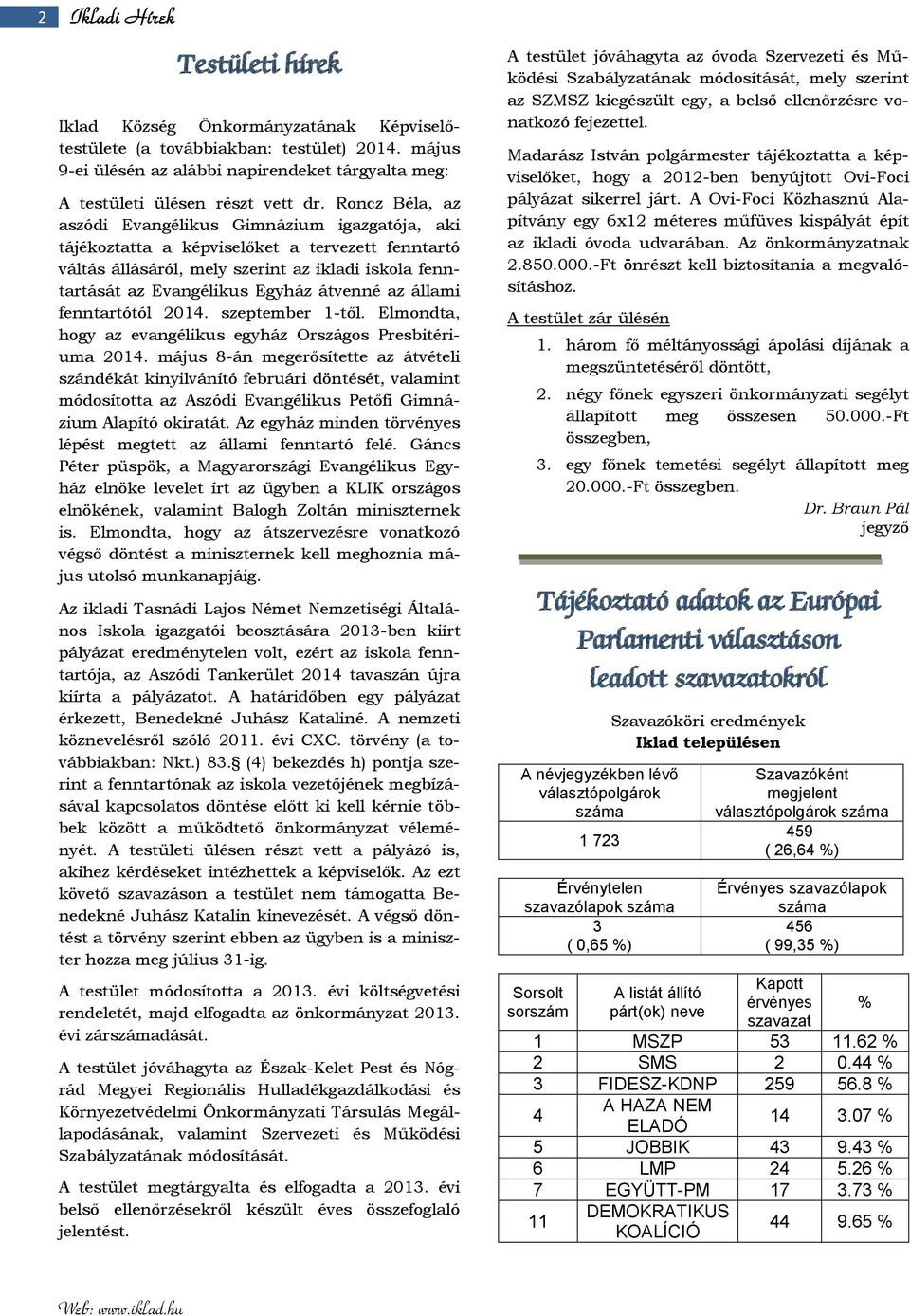 átvenné az állami fenntartótól 2014. szeptember 1-től. Elmondta, hogy az evangélikus egyház Országos Presbitériuma 2014.