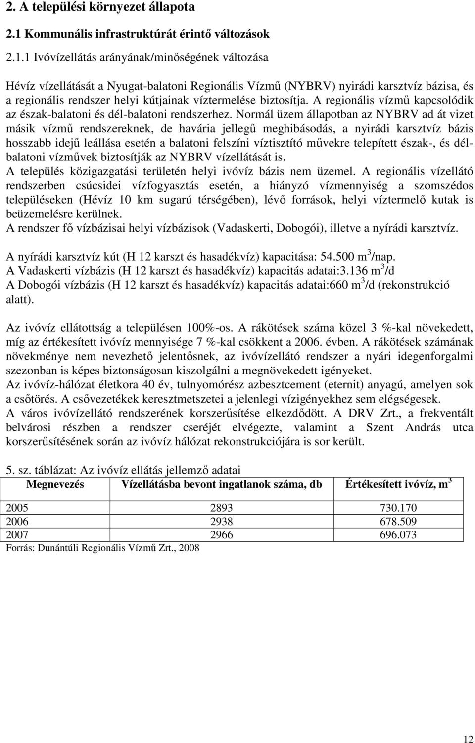 1 Ivóvízellátás arányának/minıségének változása Hévíz vízellátását a Nyugat-balatoni Regionális Vízmő (NYBRV) nyirádi karsztvíz bázisa, és a regionális rendszer helyi kútjainak víztermelése