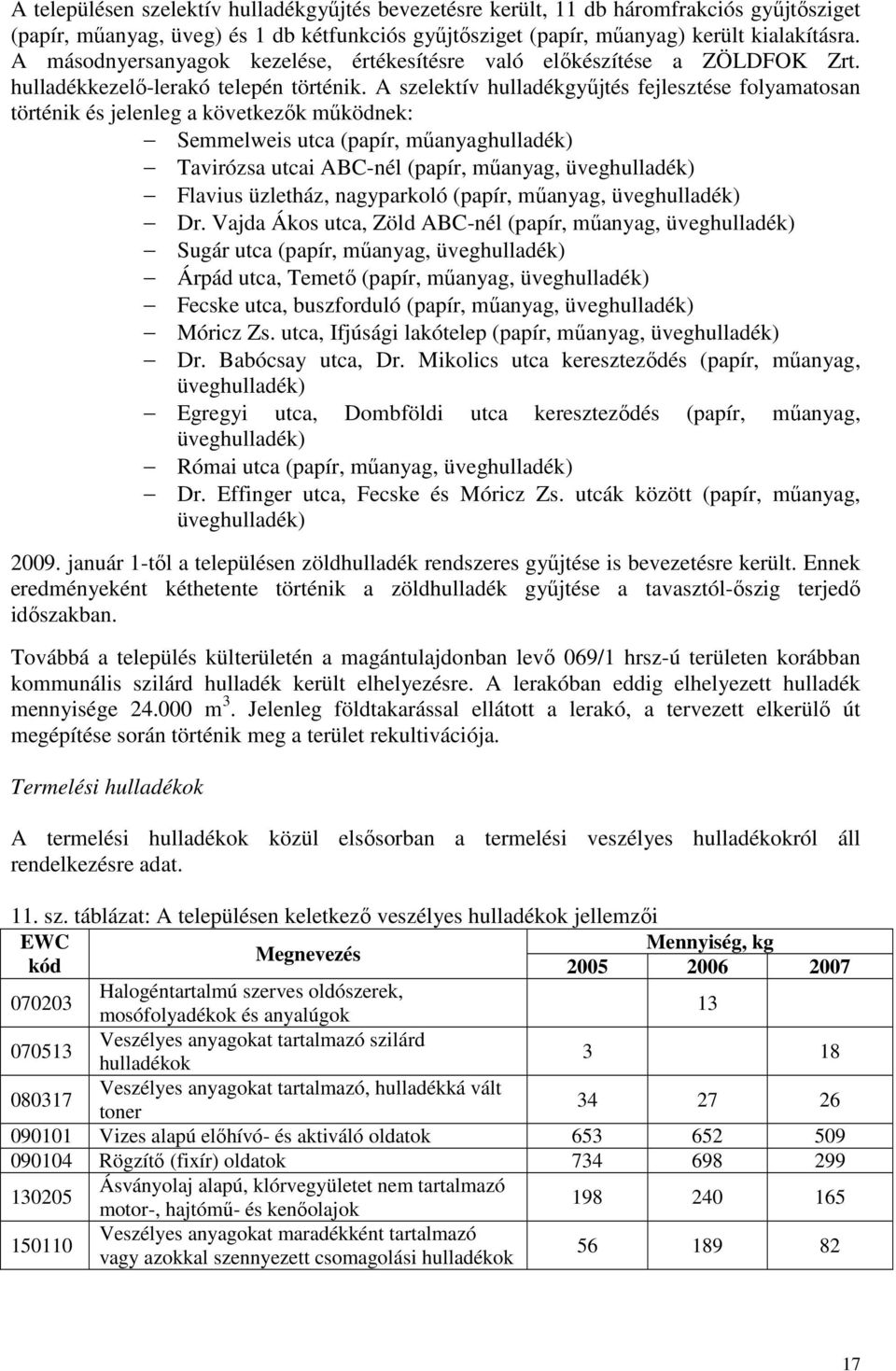 A szelektív hulladékgyőjtés fejlesztése folyamatosan történik és jelenleg a következık mőködnek: Semmelweis utca (papír, mőanyaghulladék) Tavirózsa utcai ABC-nél (papír, mőanyag, üveghulladék)