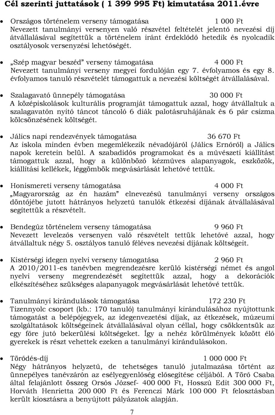 nyolcadik osztályosok versenyzési lehetőségét. Szép magyar beszéd verseny támogatása 4 000 Ft Nevezett tanulmányi verseny megyei fordulóján egy 7. évfolyamos és egy 8.