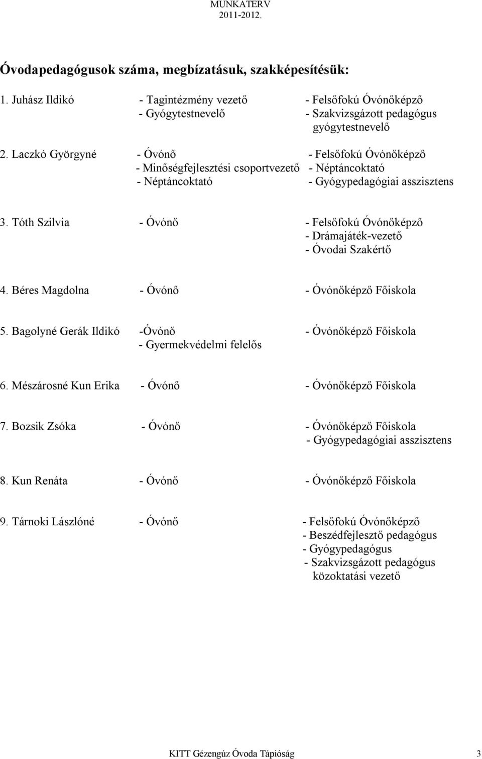 Tóth Szilvia - Óvónő - Felsőfokú Óvónőképző - Drámajáték-vezető - Óvodai Szakértő 4. Béres Magdolna - Óvónő - Óvónőképző Főiskola 5.