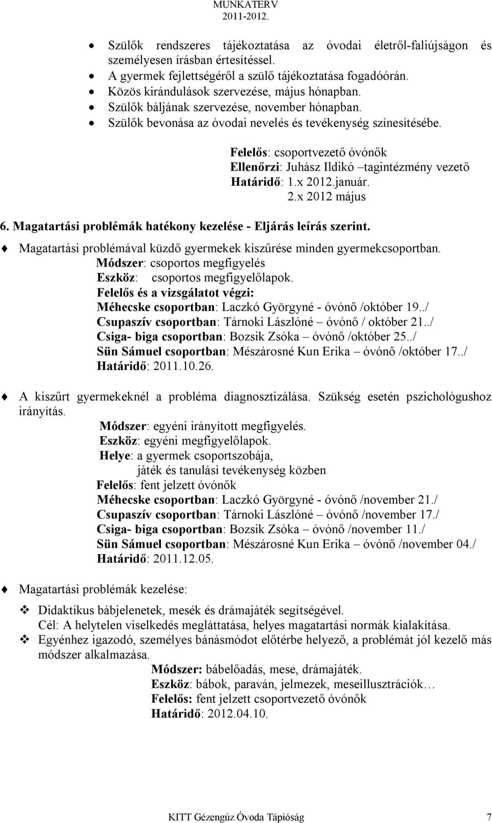 Felelős: csoportvezető óvónők Ellenőrzi: Juhász Ildikó tagintézmény vezető Határidő: 1.x 2012.január. 2.x 2012 május 6. Magatartási problémák hatékony kezelése - Eljárás leírás szerint.