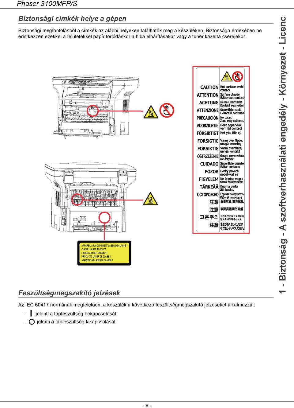 Feszültségmegszakító jelzések 1 - Biztonság - A szoftverhasználati engedély - Környezet - Licenc Az IEC 60417 normának megfeleloen, a