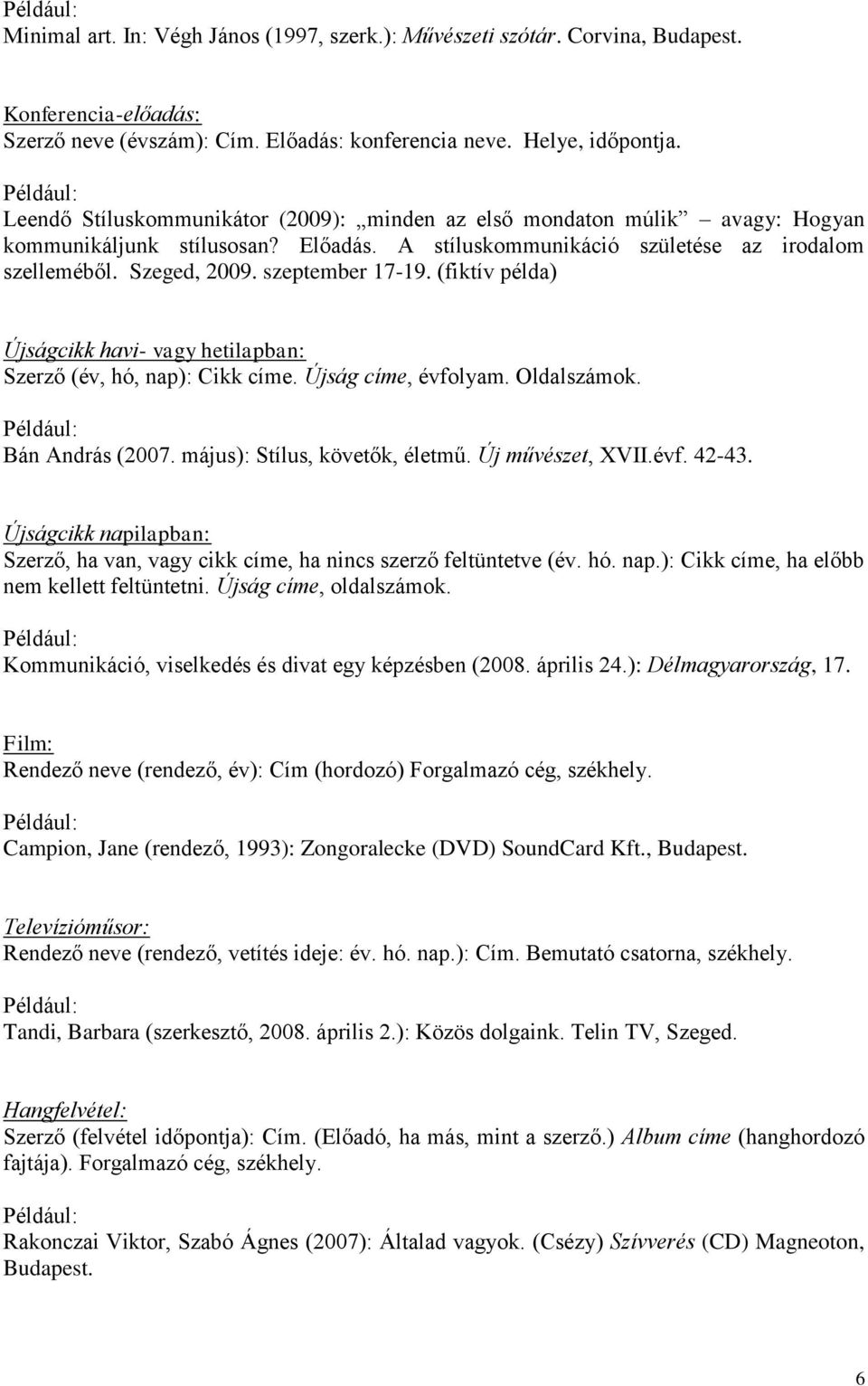 szeptember 17-19. (fiktív példa) Újságcikk havi- vagy hetilapban: Szerző (év, hó, nap): Cikk címe. Újság címe, évfolyam. Oldalszámok. Bán András (2007. május): Stílus, követők, életmű.