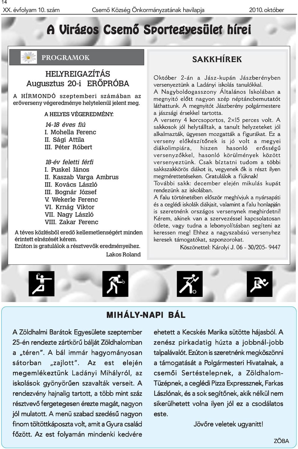 A HELYES VÉGEREDMÉNY: 14-18 éves fiú I. Mohella Ferenc II. Sági Attila III. Péter Róbert 18-év feletti férfi I. Puskel János II. Kaszab Varga Ambrus III. Kovács László III. Bognár József V.