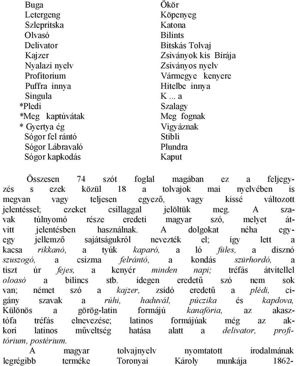 .. a *Pledi Szalagy *Meg kaptúvátak Meg fognak * Gyertya ég Vigyáznak Sógor fel rántó Stibli Sógor Lábravaló Plundra Sógor kapkodás Kaput Összesen 74 szót foglal magában ez a feljegyzés s ezek közül