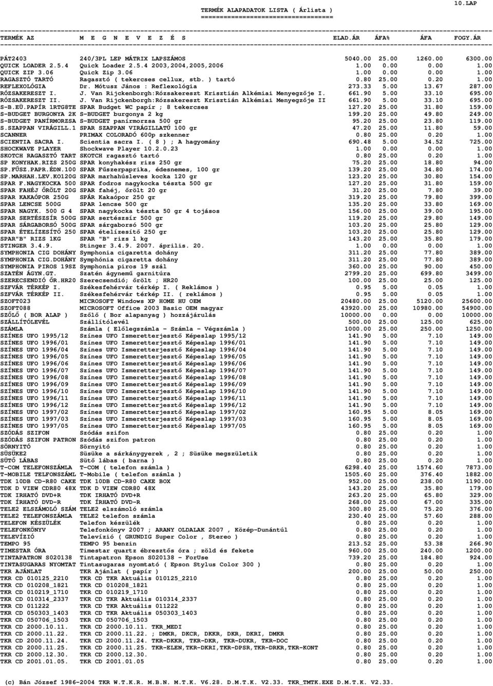 10 695.00 RÓZSAKERESZT II. J. Van Rijckenborgh:Rózsakereszt Krisztián Alkémiai Menyegzıje II 661.90 5.00 33.10 695.00 S-B.EÜ.PAPÍR 1RTG8TE SPAR Budget WC papír ; 8 tekercses 127.20 25.00 31.80 159.