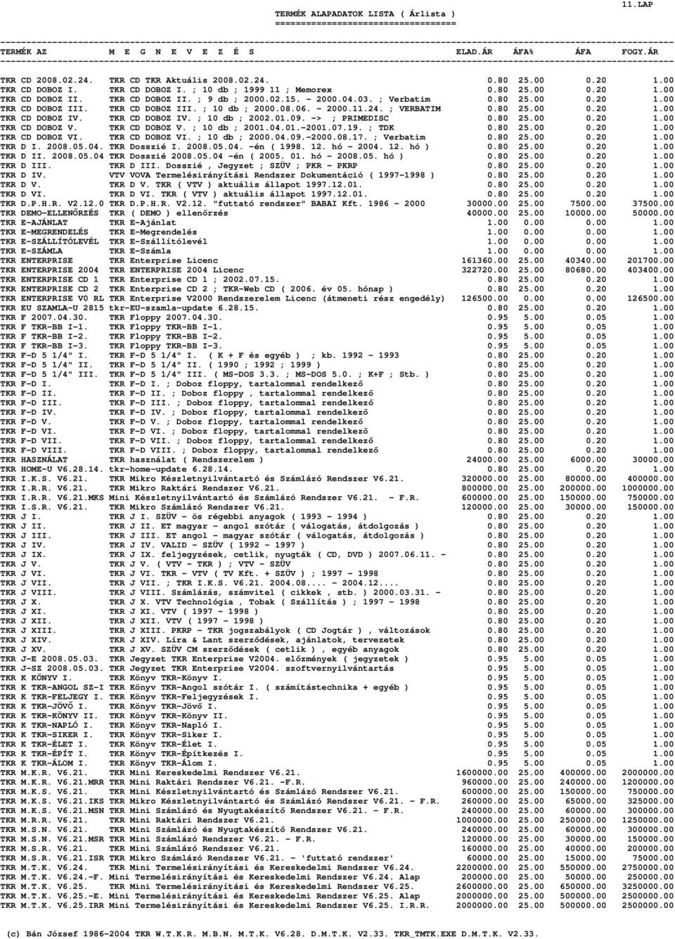 01.09. -> ; PRIMEDISC 0.80 25.00 0.20 1.00 TKR CD DOBOZ V. TKR CD DOBOZ V. ; 10 db ; 2001.04.01.-2001.07.19. ; TDK 0.80 25.00 0.20 1.00 TKR CD DOBOZ VI. TKR CD DOBOZ VI. ; 10 db ; 2000.04.09.-2000.08.