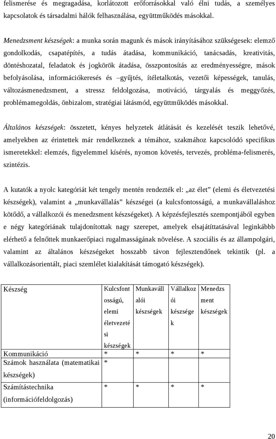 jogkörök átadása, összpontosítás az eredményességre, mások befolyásolása, információkeresés és gyűjtés, ítéletalkotás, vezetői képességek, tanulás, változásmenedzsment, a stressz feldolgozása,