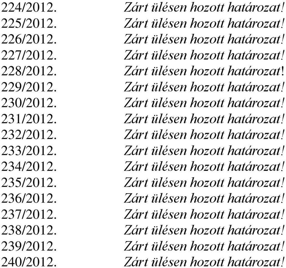 Zárt ülésen hozott határozat! 233/2012. Zárt ülésen hozott határozat! 234/2012. Zárt ülésen hozott határozat! 235/2012. Zárt ülésen hozott határozat! 236/2012.