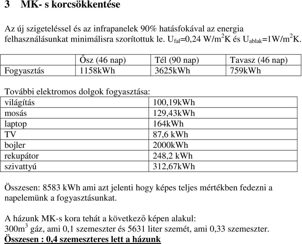 İsz (46 nap) Tél (90 nap) Tavasz (46 nap) Fogyasztás 1158kWh 3625kWh 759kWh További elektromos dolgok fogyasztása: világítás 100,19kWh mosás 129,43kWh laptop 164kWh TV