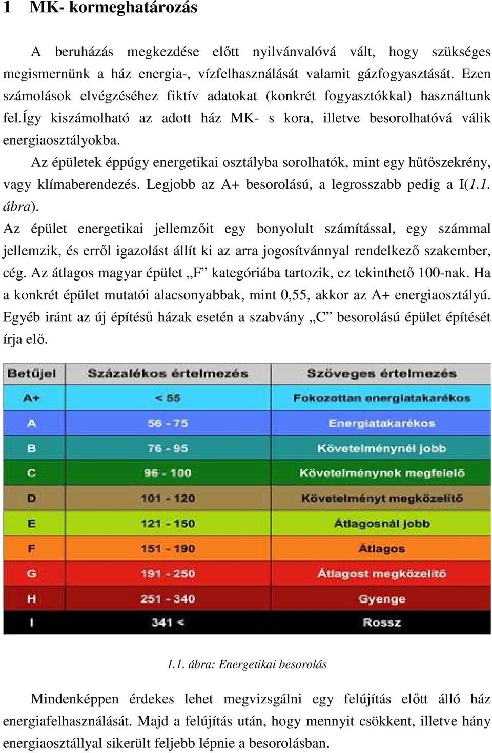 Az épületek éppúgy energetikai osztályba sorolhatók, mint egy hőtıszekrény, vagy klímaberendezés. Legjobb az A+ besorolású, a legrosszabb pedig a I(1.1. ábra).