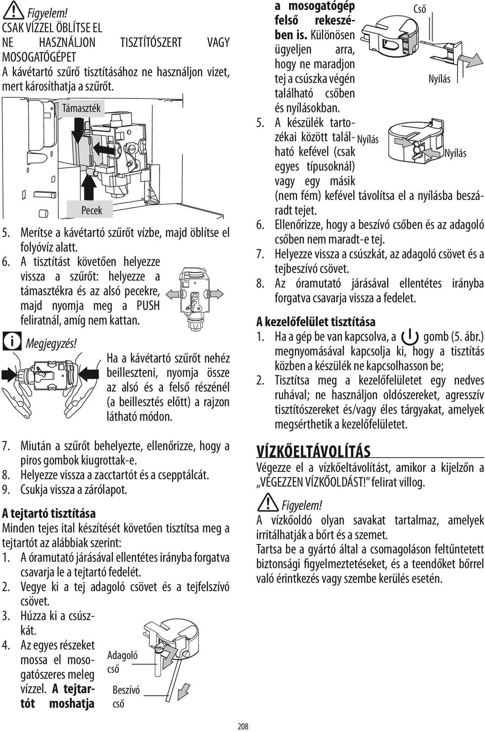 A tisztítást követően helyezze vissza a szűrőt: helyezze a támasztékra és az alsó pecekre, majd nyomja meg a PUSH feliratnál, amíg nem kattan.