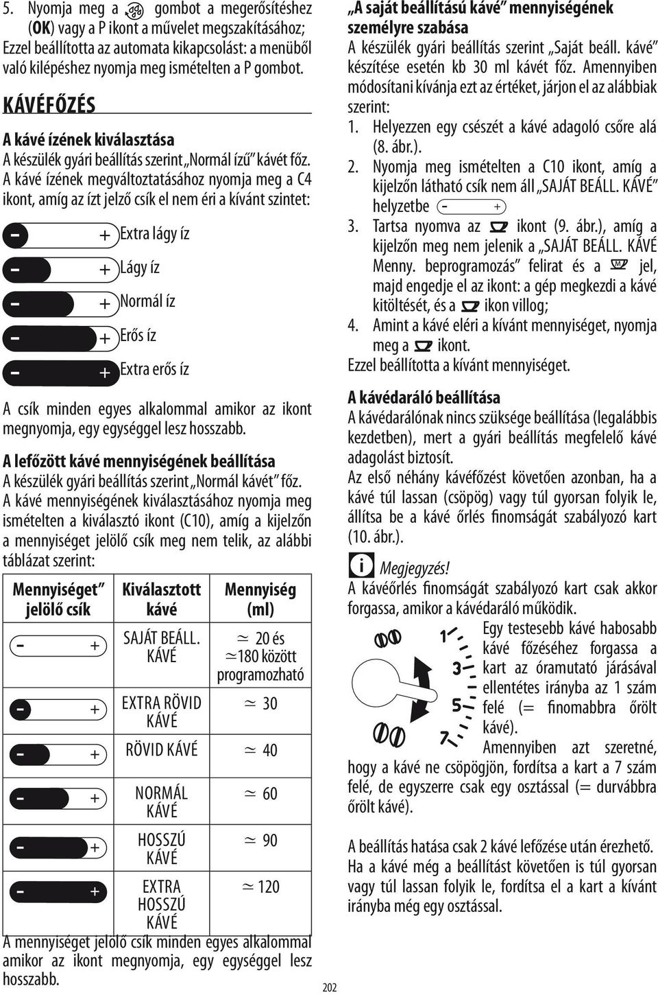 A kávé ízének megváltoztatásához nyomja meg a C4 ikont, amíg az ízt jelző csík el nem éri a kívánt szintet: - - - - - Extra lágy íz Lágy íz Normál íz Erős íz - Extra erős íz A csík minden egyes