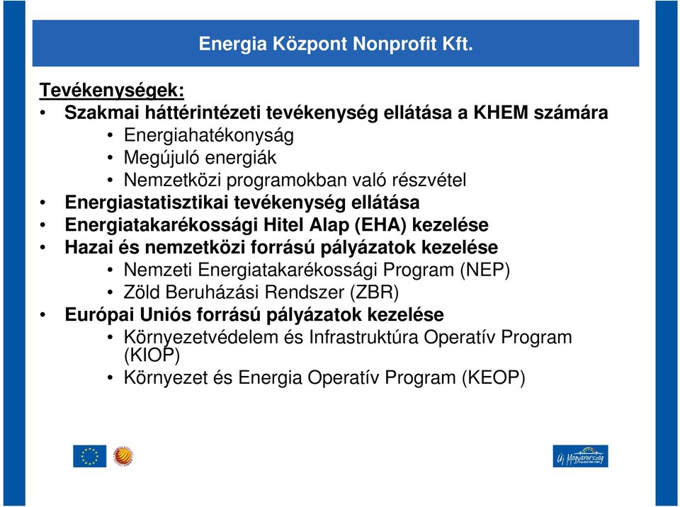 programokban való részvétel Energiastatisztikai tevékenység ellátása Energiatakarékossági Hitel Alap (EHA) kezelése Hazai és