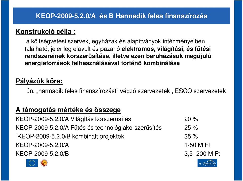 0/A és B Harmadik feles finanszírozás Konstrukció célja : a költségvetési szervek, egyházak és alapítványok intézményeiben található, jelenleg elavult és