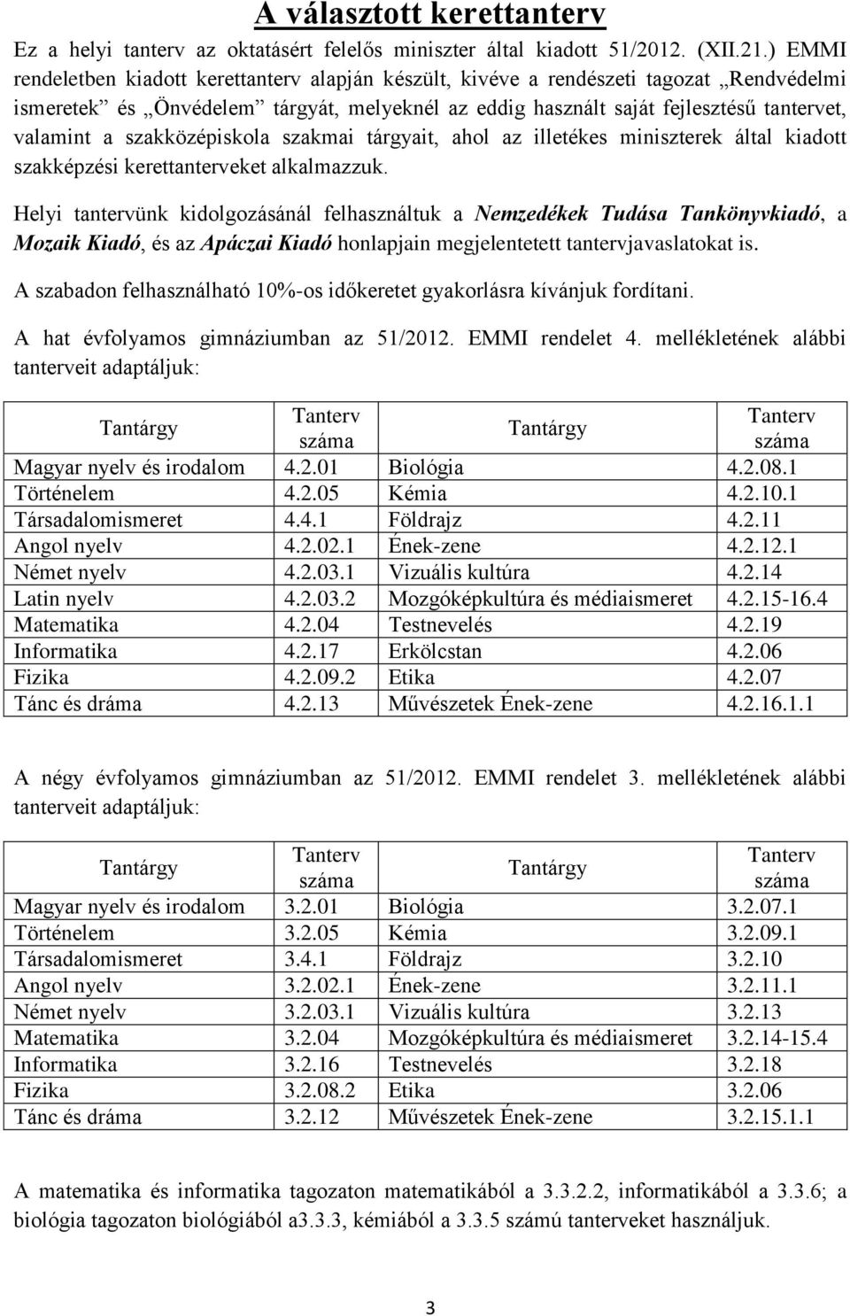 szakközépiskola szakmai tárgyait, ahol az illetékes miniszterek által kiadott szakképzési kerettanterveket alkalmazzuk.