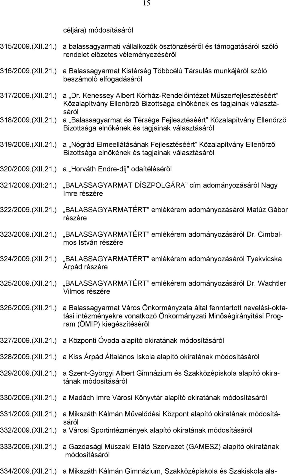 (XII.21.) a Nógrád Elmeellátásának Fejlesztéséért Közalapítvány Ellenőrző Bizottsága elnökének és tagjainak választásáról 320/2009.(XII.21.) a Horváth Endre-díj odaítéléséről 321/2009.(XII:21.