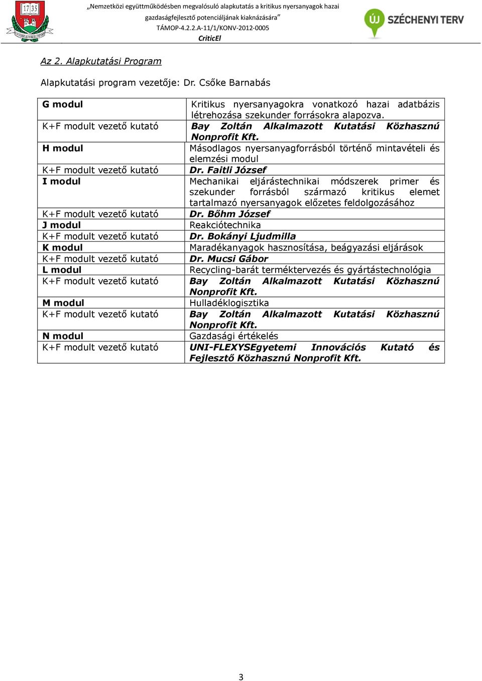 Faitli József I modul Mechanikai eljárástechnikai módszerek primer és szekunder forrásból származó kritikus elemet tartalmazó nyersanyagok előzetes feldolgozásához K+F modult vezető kutató Dr.