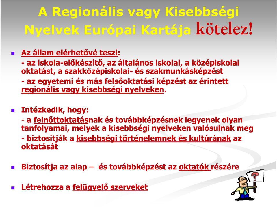 egyetemi és más felsőoktatási képzést az érintett regionális vagy kisebbségi nyelveken.