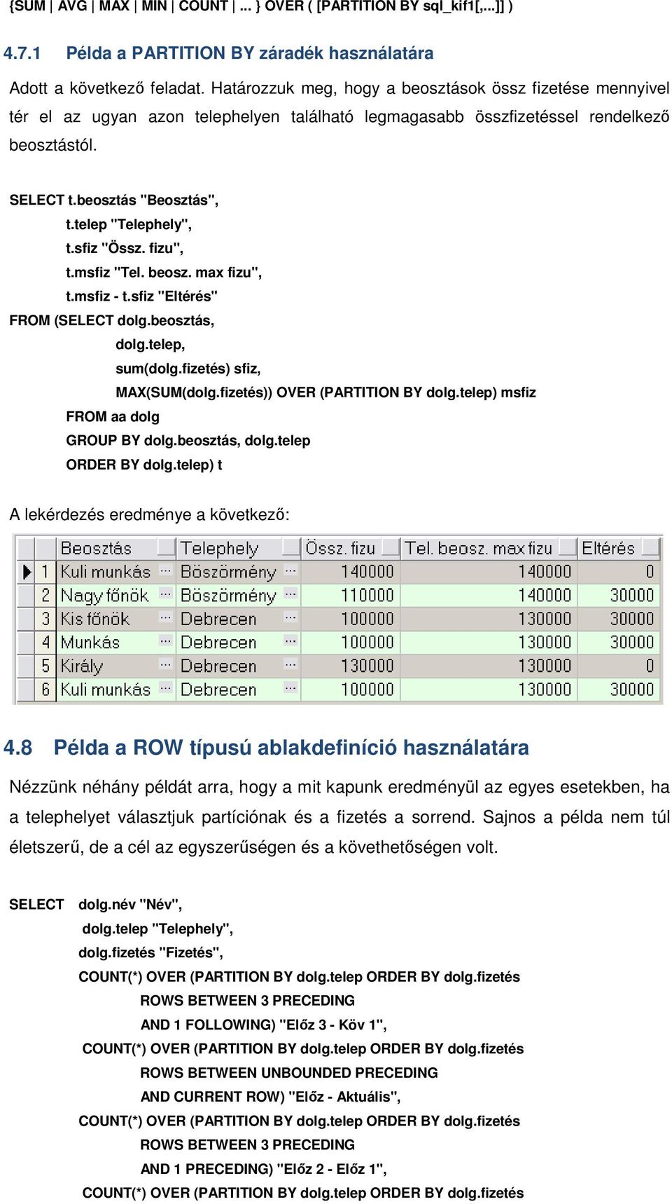 telep "Telephely", t.sfiz "Össz. fizu", t.msfiz "Tel. beosz. max fizu", t.msfiz - t.sfiz "Eltérés" FROM (SELECT dolg.beosztás, dolg.telep, sum(dolg.fizetés) sfiz, MAX(SUM(dolg.