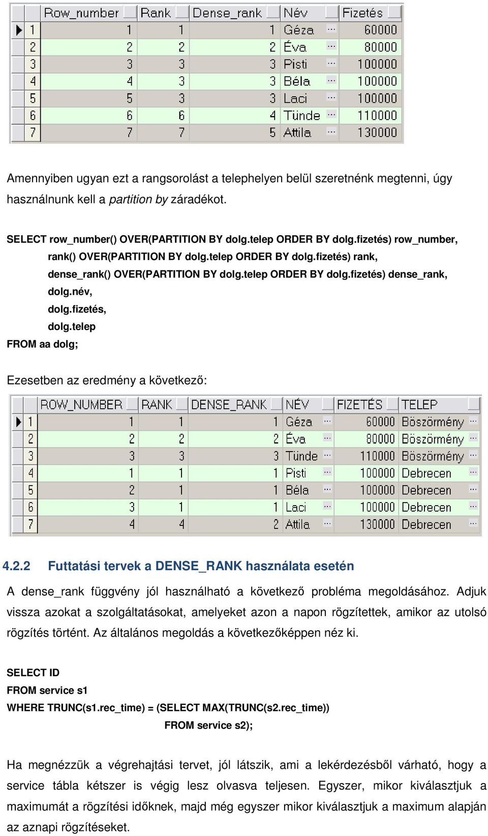 telep FROM aa dolg; Ezesetben az eredmény a következő: 4.2.2 Futtatási tervek a DENSE_RANK használata esetén A dense_rank függvény jól használható a következő probléma megoldásához.