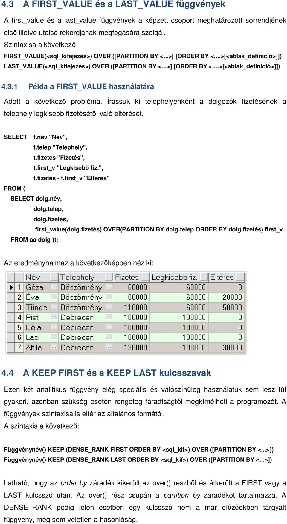 3.1 Példa a FIRST_VALUE használatára Adott a következő probléma. Írassuk ki telephelyenként a dolgozók fizetésének a telephely legkisebb fizetésétől való eltérését. SELECT t.név "Név", t.