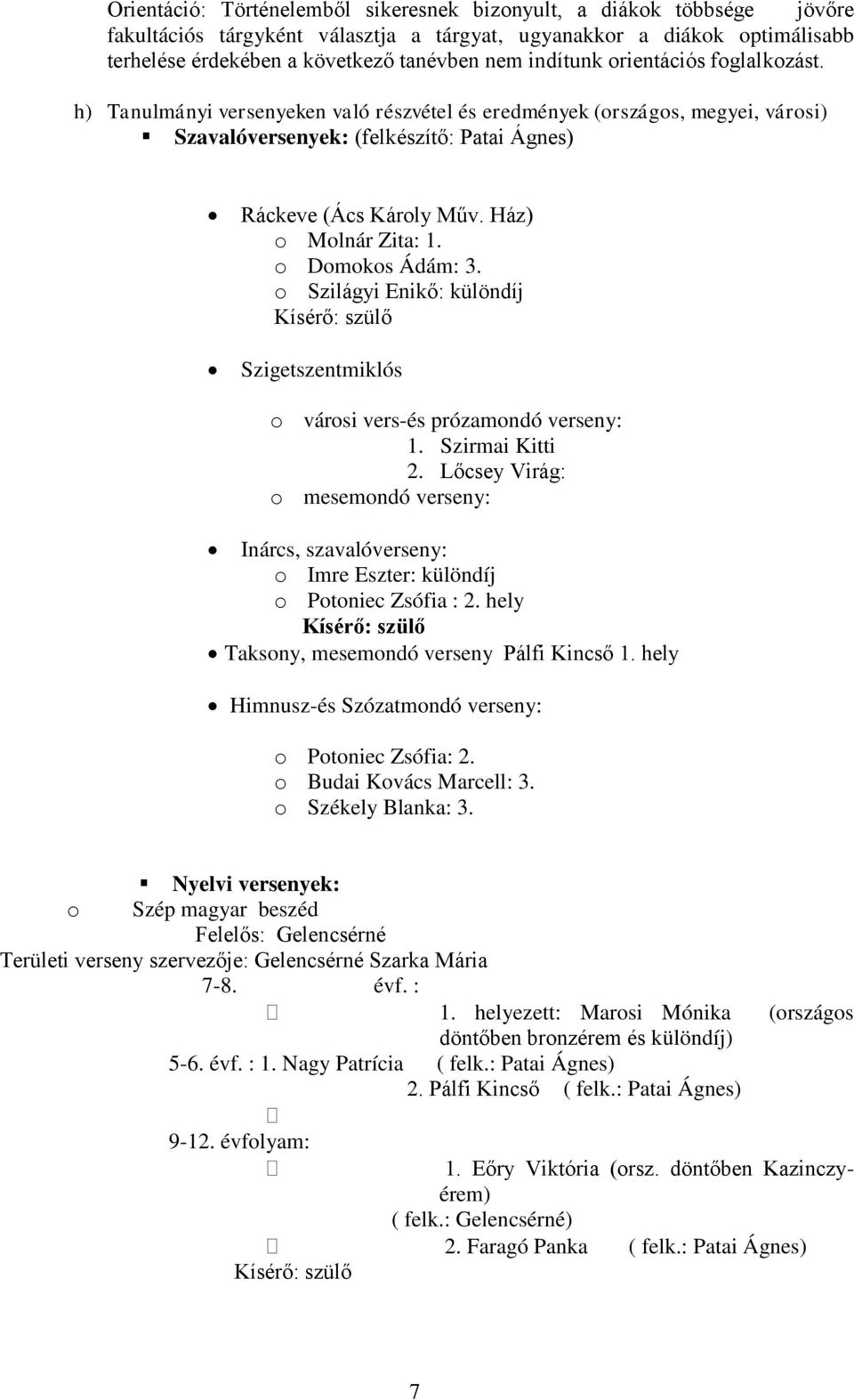 Ház) o Molnár Zita: 1. o Domokos Ádám: 3. o Szilágyi Enikő: különdíj Kísérő: szülő Szigetszentmiklós o városi vers-és prózamondó verseny: 1. Szirmai Kitti 2.