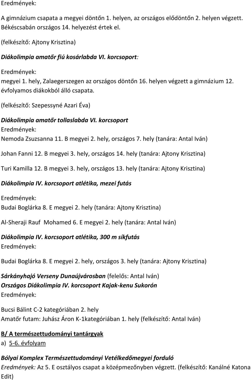 évfolyamos diákokból álló csapata. (felkészítő: Szepessyné Azari Éva) Diákolimpia amatőr tollaslabda VI. korcsoport Eredmények: Nemoda Zsuzsanna 11. B megyei 2. hely, országos 7.