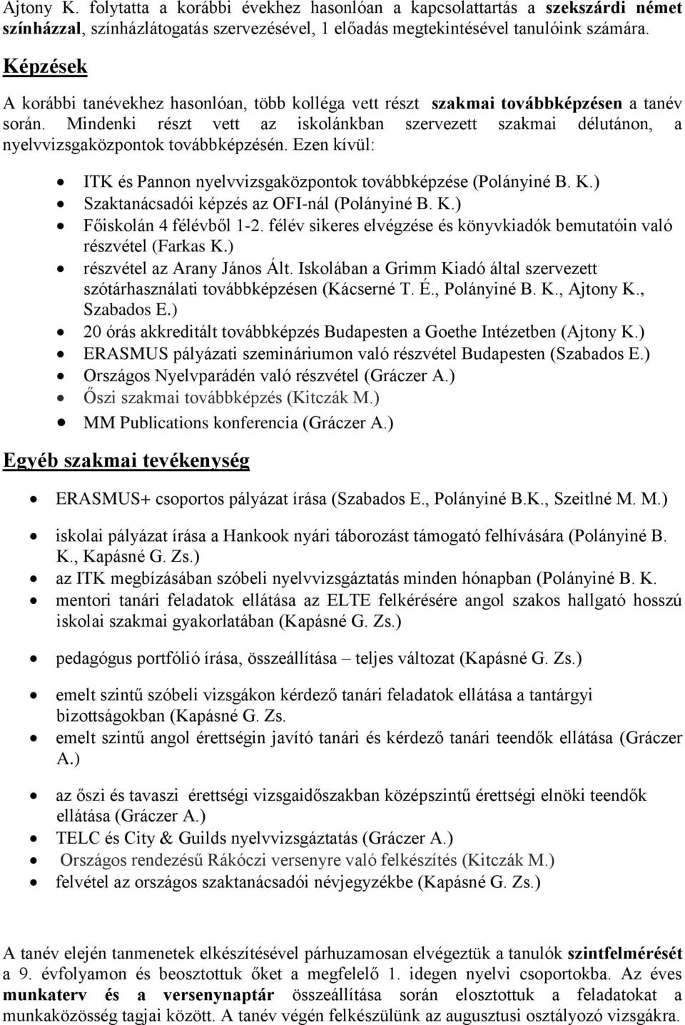 Mindenki részt vett az iskolánkban szervezett szakmai délutánon, a nyelvvizsgaközpontok továbbképzésén. Ezen kívül: ITK és Pannon nyelvvizsgaközpontok továbbképzése (Polányiné B. K.