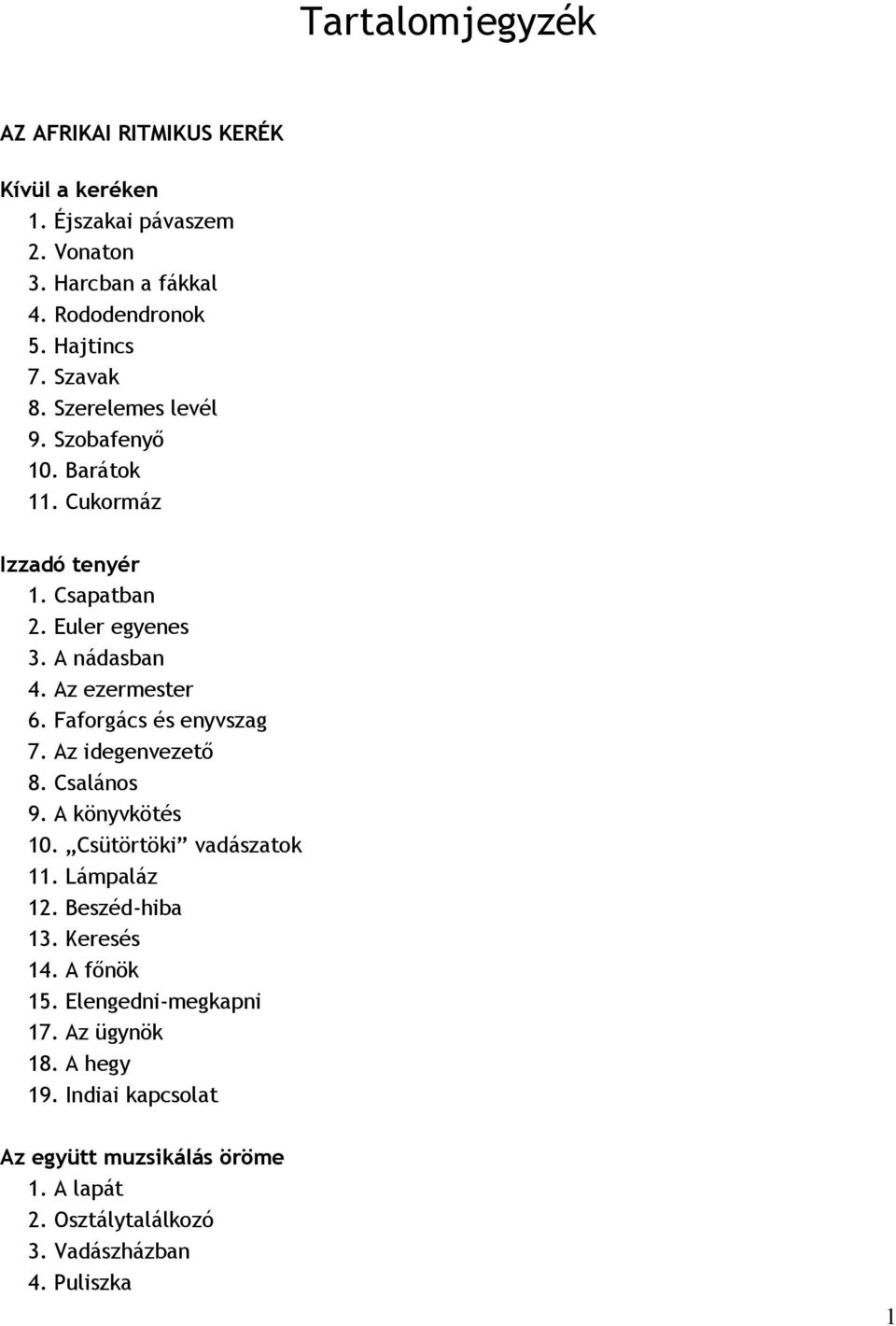 Faforgács és enyvszag 7. Az idegenvezető 8. Csalános 9. A könyvkötés 10. Csütörtöki vadászatok 11. Lámpaláz 12. Beszéd-hiba 13. Keresés 14.