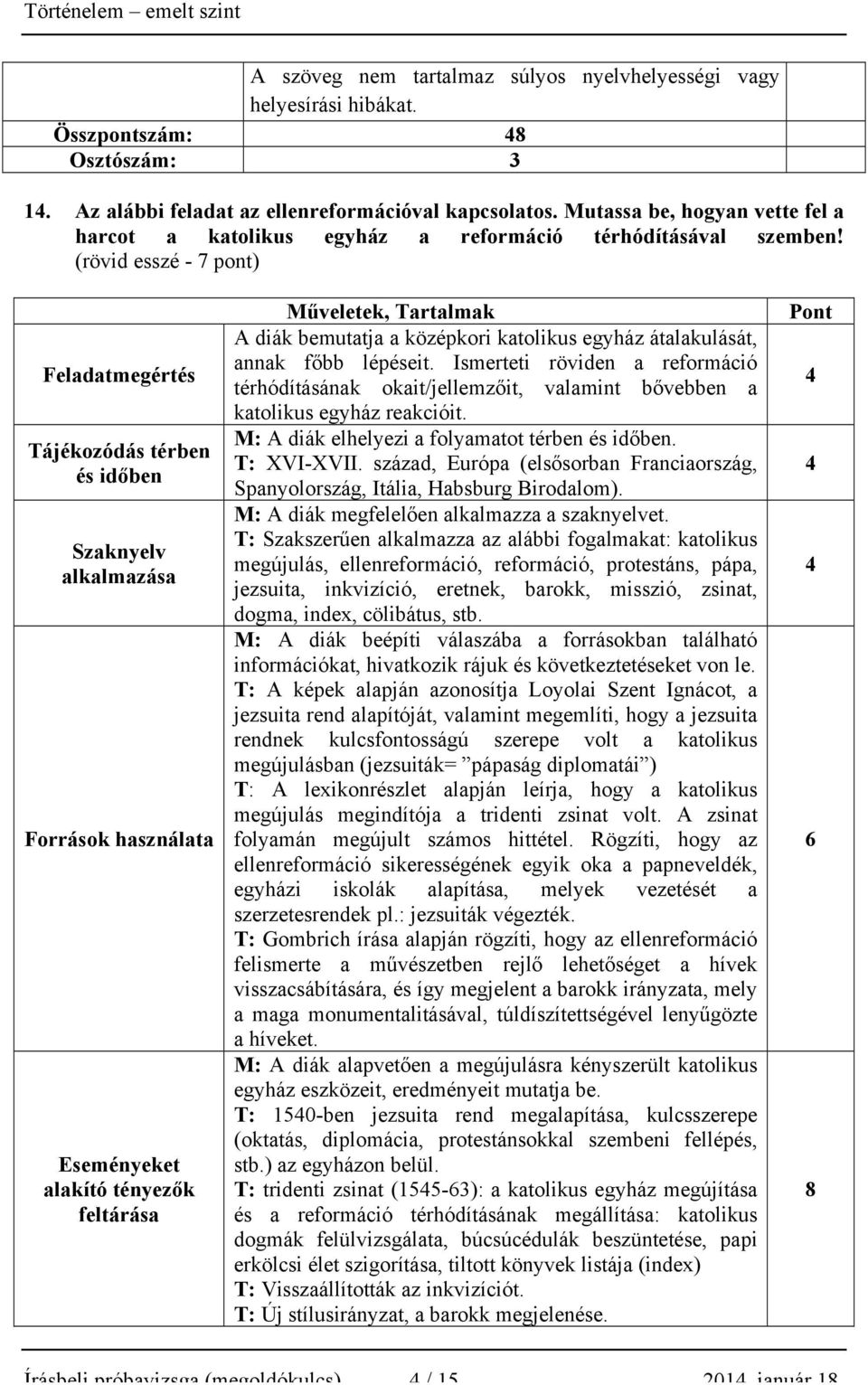 (rövid esszé - 7 pont) Tájékozódás térben és Szaknyelv alkalmazása Források használata Eseményeket alakító tényezők feltárása Műveletek, Tartalmak A diák bemutatja a középkori katolikus egyház