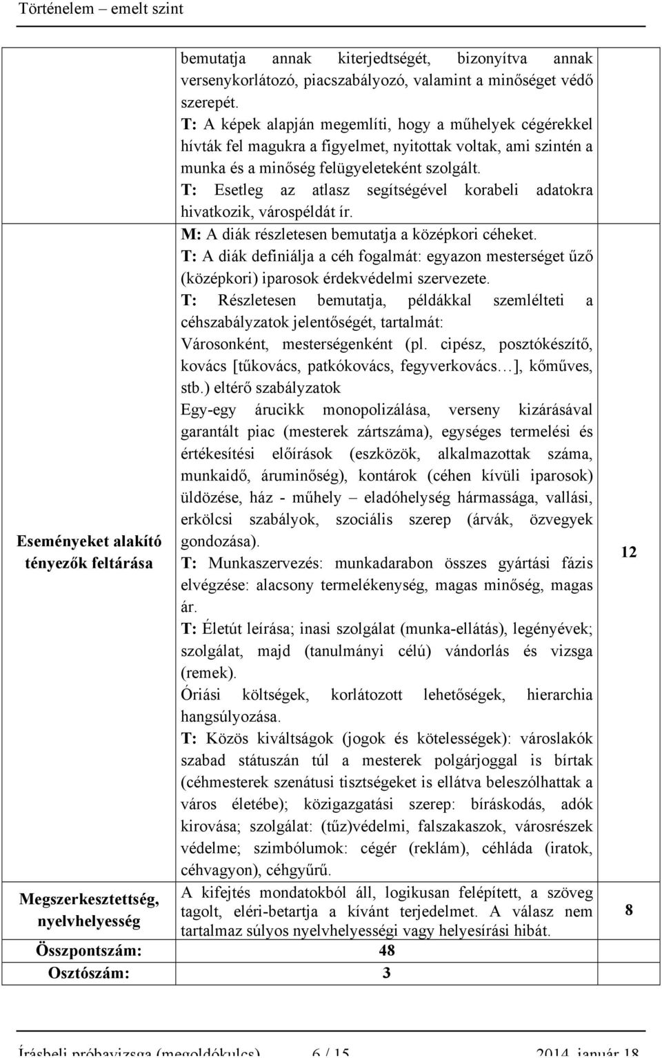 T: Esetleg az atlasz segítségével korabeli adatokra hivatkozik, várospéldát ír. M: A diák részletesen bemutatja a középkori céheket.