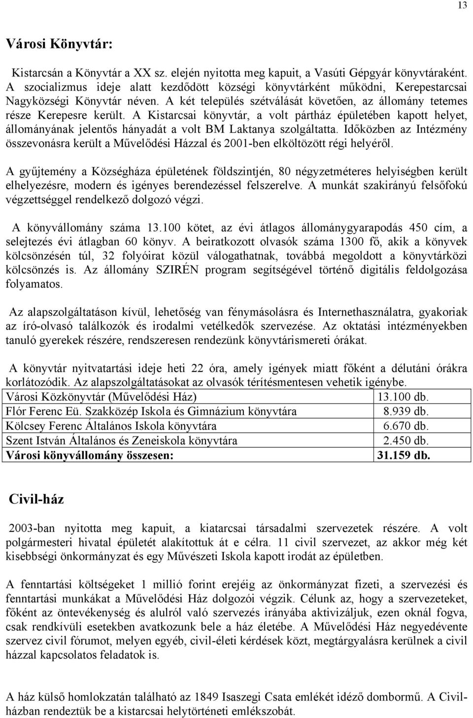 A Kistarcsai könyvtár, a volt pártház épületében kapott helyet, állományának jelentős hányadát a volt BM Laktanya szolgáltatta.