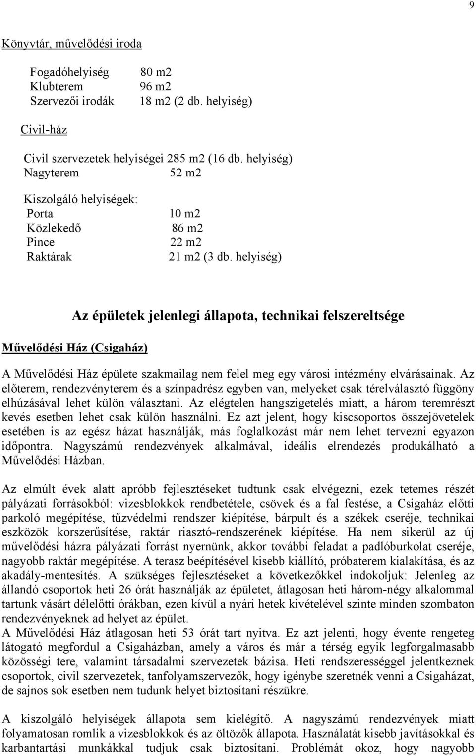 helyiség) Az épületek jelenlegi állapota, technikai felszereltsége Művelődési Ház (Csigaház) A Művelődési Ház épülete szakmailag nem felel meg egy városi intézmény elvárásainak.