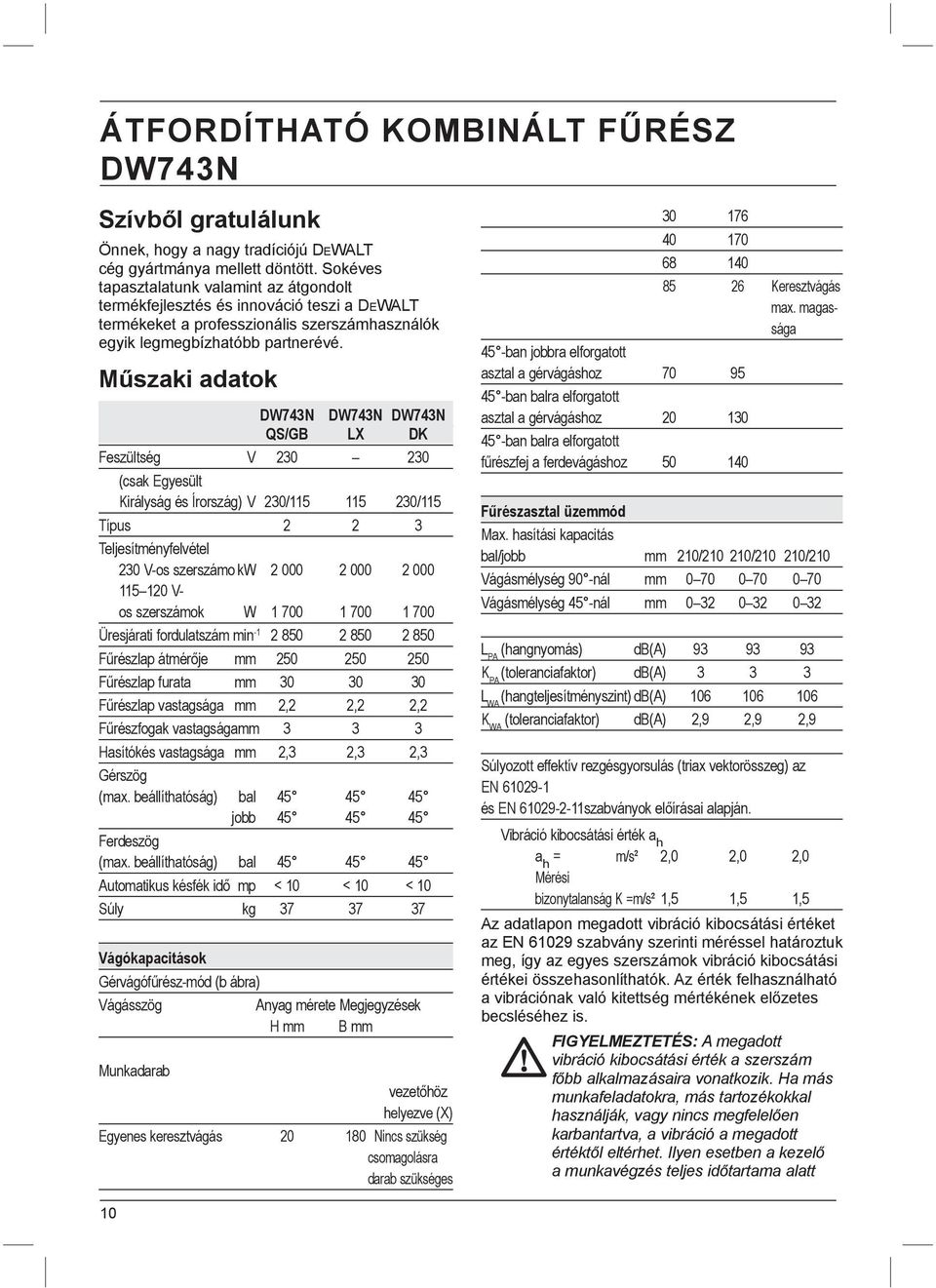 Műszaki adatok DW743N DW743N DW743N QS/GB LX DK Feszültség V 230 230 (csak Egyesült Királyság és Írország) V 230/115 115 230/115 Típus 2 2 3 Teljesítményfelvétel 230 V-os szerszámo kw 2 000 2 000 2