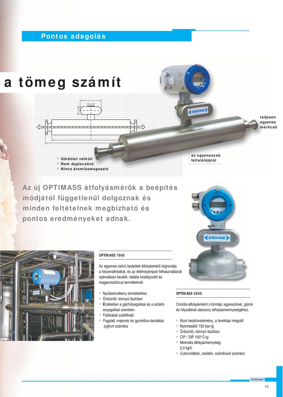 OPTIMASS 7000 Az egyenes csövû beépített átfolyásmérõ kiignorálja a folyamathibákat, és az élelmiszeripari felhasználásnál optimálisan beválik. Ideális kristályosító és magasviszkózus termékeknél.