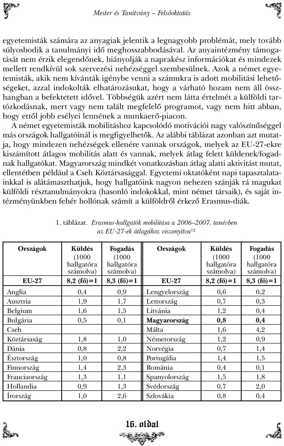 Azok a német egyetemisták, akik nem kívánták igénybe venni a számukra is adott mobilitási lehetõségeket, azzal indokolták elhatározásukat, hogy a várható hozam nem áll összhangban a befektetett