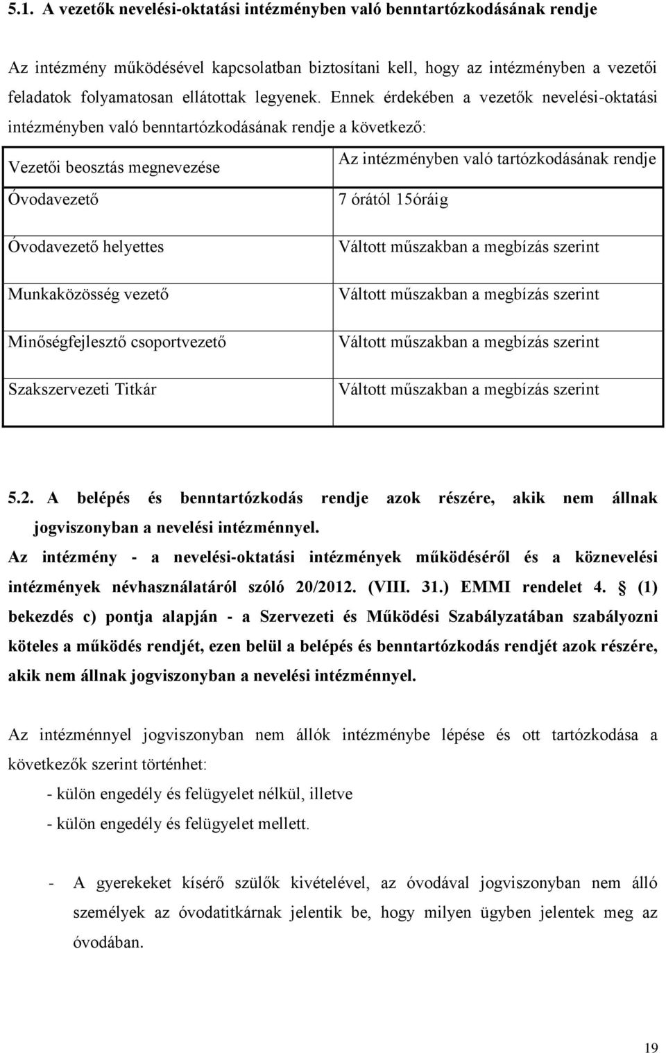 Ennek érdekében a vezetők nevelési-oktatási intézményben való benntartózkodásának rendje a következő: Vezetői beosztás megnevezése Az intézményben való tartózkodásának rendje Óvodavezető 7 órától