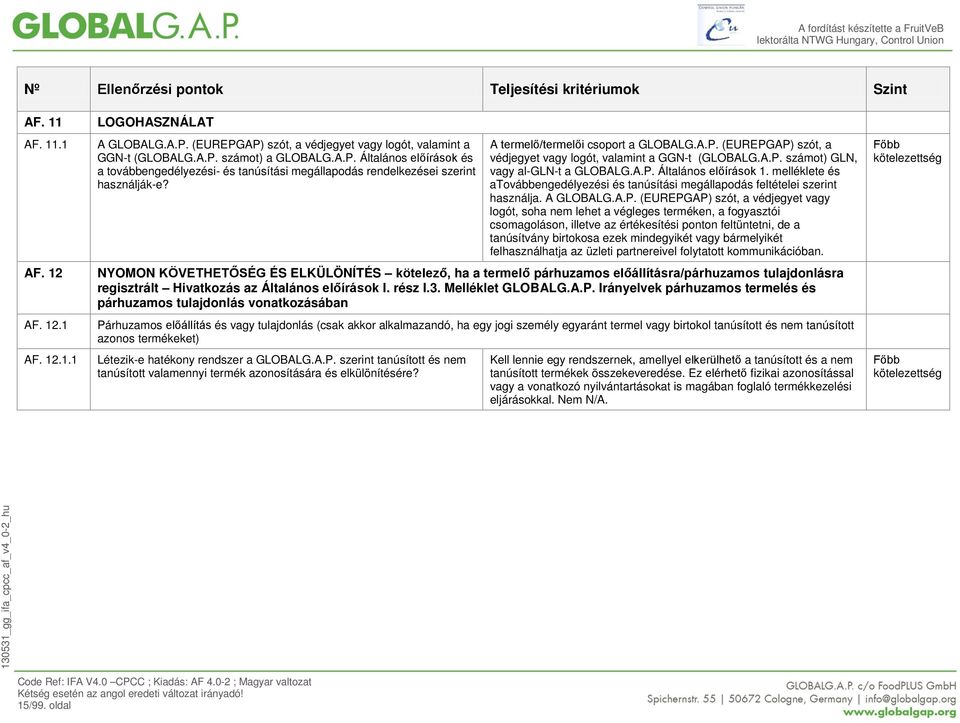 A.P. számot) GLN, vagy al-gln-t a GLOBALG.A.P. Általános előírások 1. melléklete és atovábbengedélyezési és tanúsítási megállapodás feltételei szerint használja. A GLOBALG.A.P. (EUREPGAP) szót, a