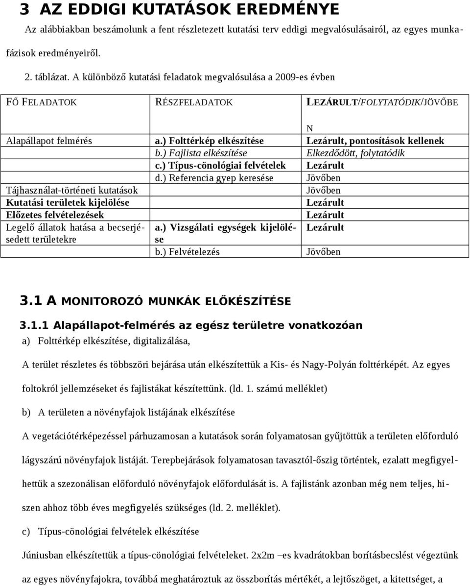 Lezárult Jövőben Tájhasználat-történeti kutatások Jövőben Kutatási területek kijelölése Lezárult Előzetes felvételezések Lezárult Legelő állatok hatása a becserjé- a.