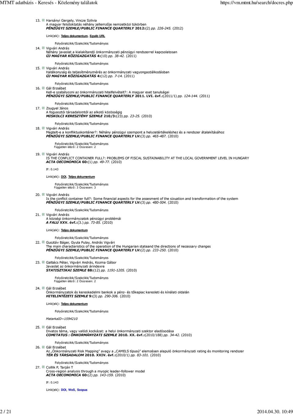 Vigvári András Hatékonyság és teljesítménymérés az önkormányzati vagyongazdálkodásban ÚJ MAGYAR KÖZIGAZGATÁS 4:(12) pp. 7-14. (2011) 16.