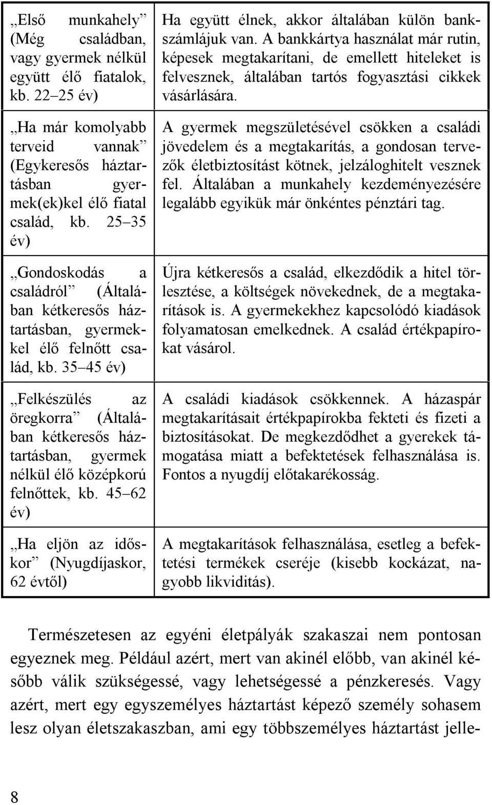 35 45 év) Felkészülés az öregkorra (Általában kétkeresős háztartásban, gyermek nélkül élő középkorú felnőttek, kb.