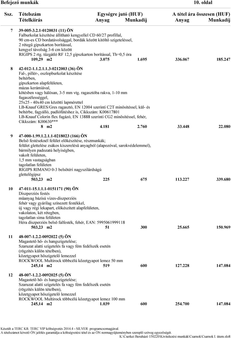 között RIGIPS 2 rtg. tűzgátló RF 12,5 gipszkarton borítással, Th=,5 óra 19,29 m2 3.75 1.695 336.67 185.247 8 42-12-1.1.2.1.1.3-2123 (36) ÖN Fal-, pillér-, oszlopburkolat készítése beltérben, gipszkarton alapfelületen, mázas kerámiával, kötésben vagy hálósan, 3-5 mm vtg.