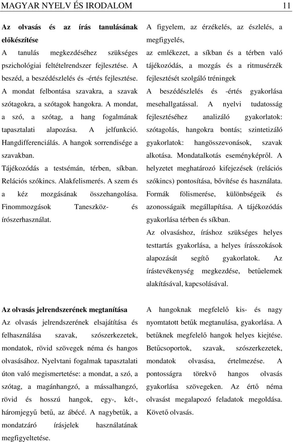 A jelfunkció. Hangdifferenciálás. A hangok sorrendisége a szavakban. Tájékozódás a testsémán, térben, síkban. Relációs szókincs. Alakfelismerés. A szem és a kéz mozgásának összehangolása.