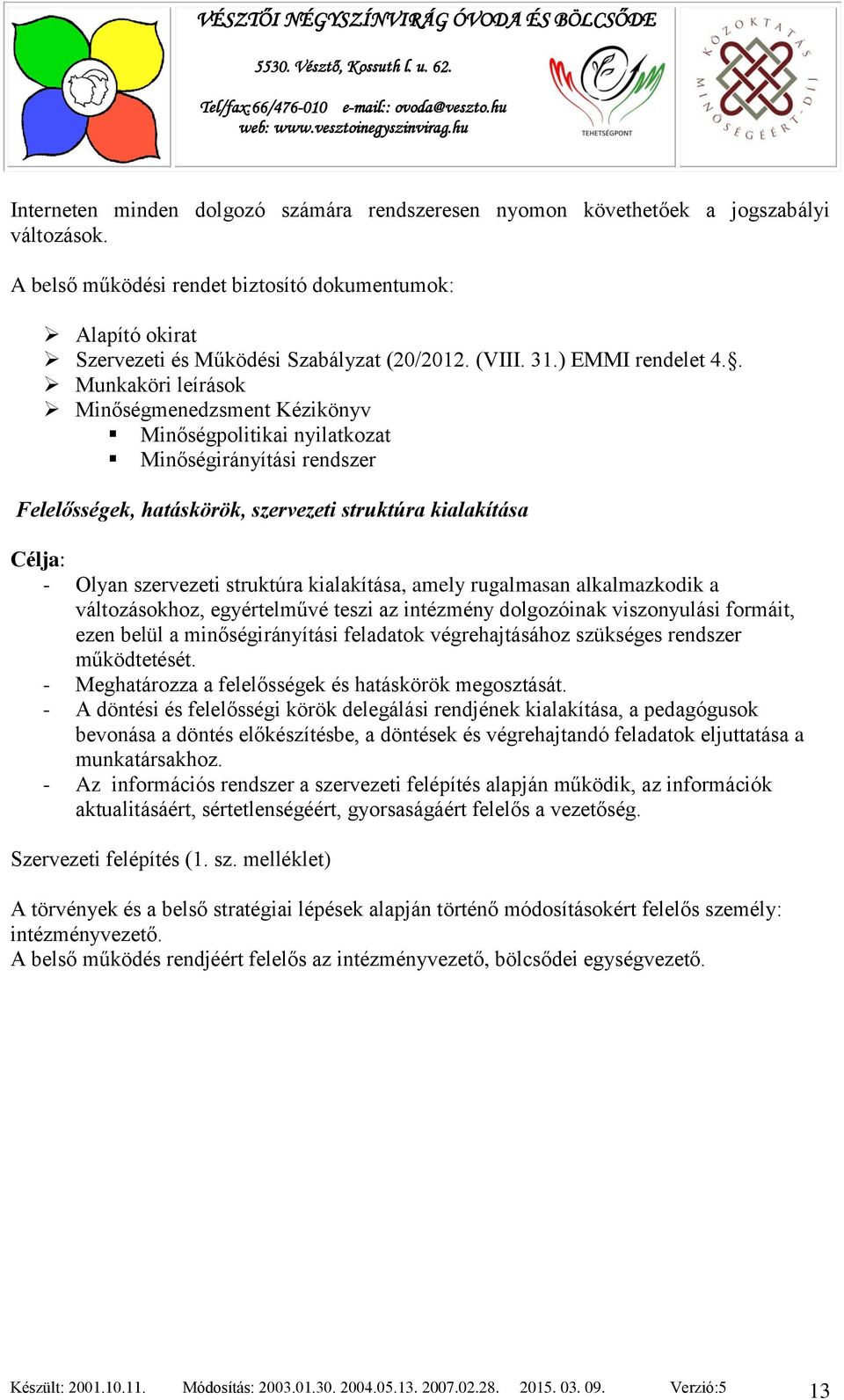 . Munkaköri leírások Minőségmenedzsment Kézikönyv Minőségpolitikai nyilatkozat Minőségirányítási rendszer Felelősségek, hatáskörök, szervezeti struktúra kialakítása Célja: - Olyan szervezeti