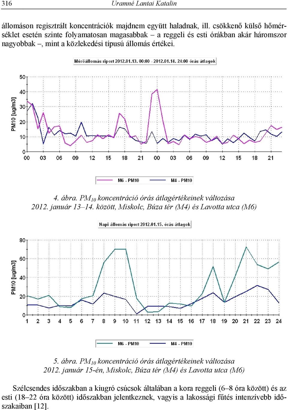 PM 10 koncentráció órás átlagértékeinek változása 2012. január 13 14. között, Miskolc, Búza tér (M4) és Lavotta utca (M6) 5. ábra.